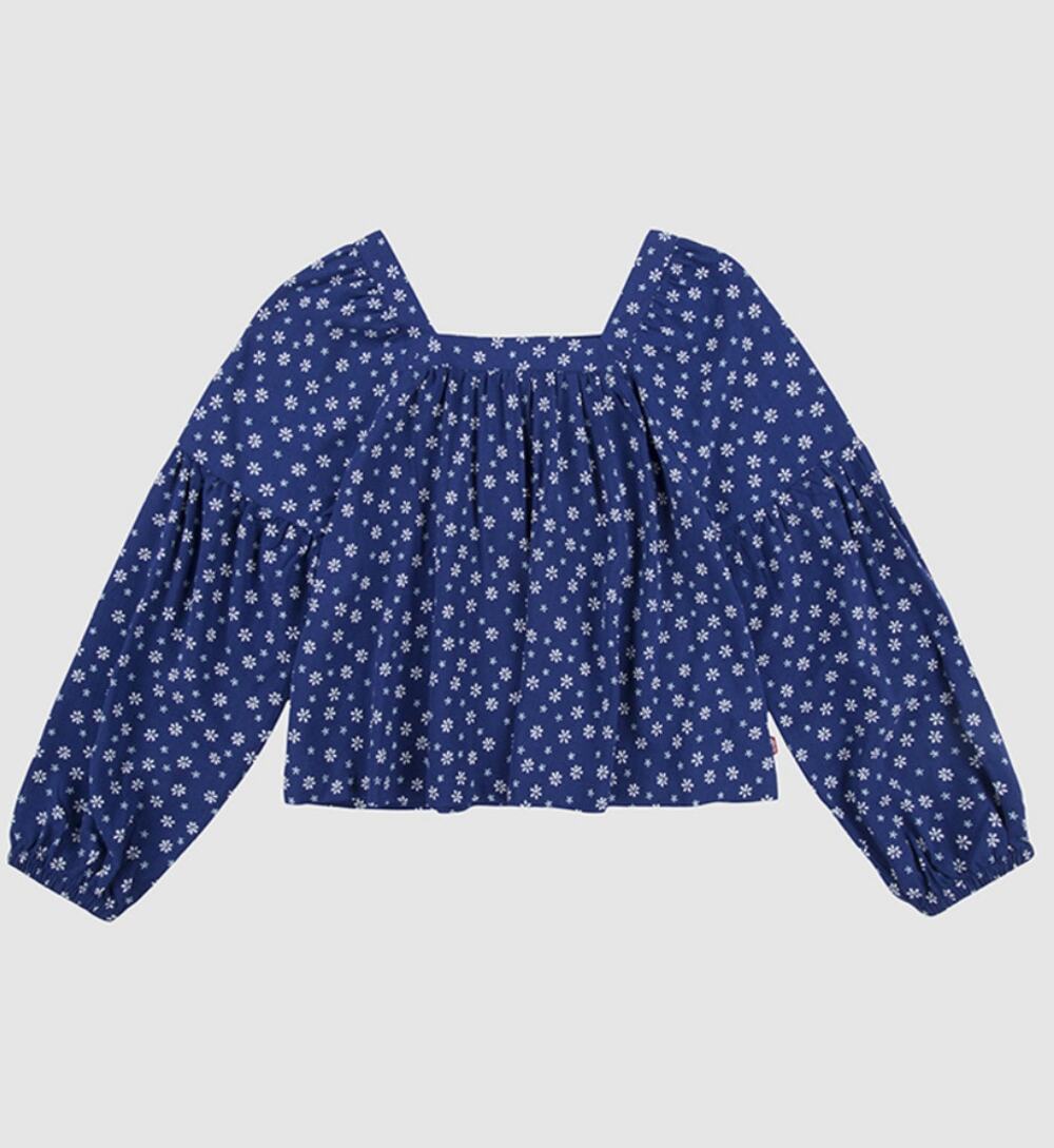 Levi's Girls Floral Long Puff Sleeve Top Large Blue White Square Neck Woven